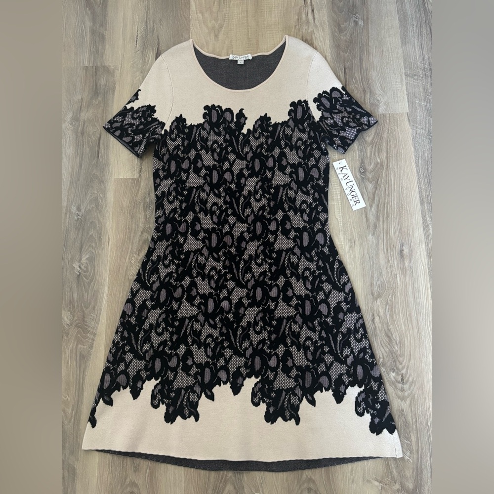 Kay Unger Black and Cream Ponte Knit Dress with Jacquard Lace Pattern
